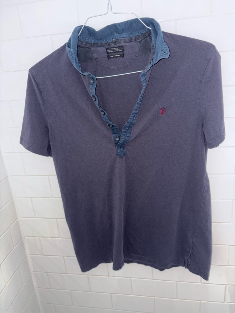 All Saints Men's Blue Polo with Contrast Collar